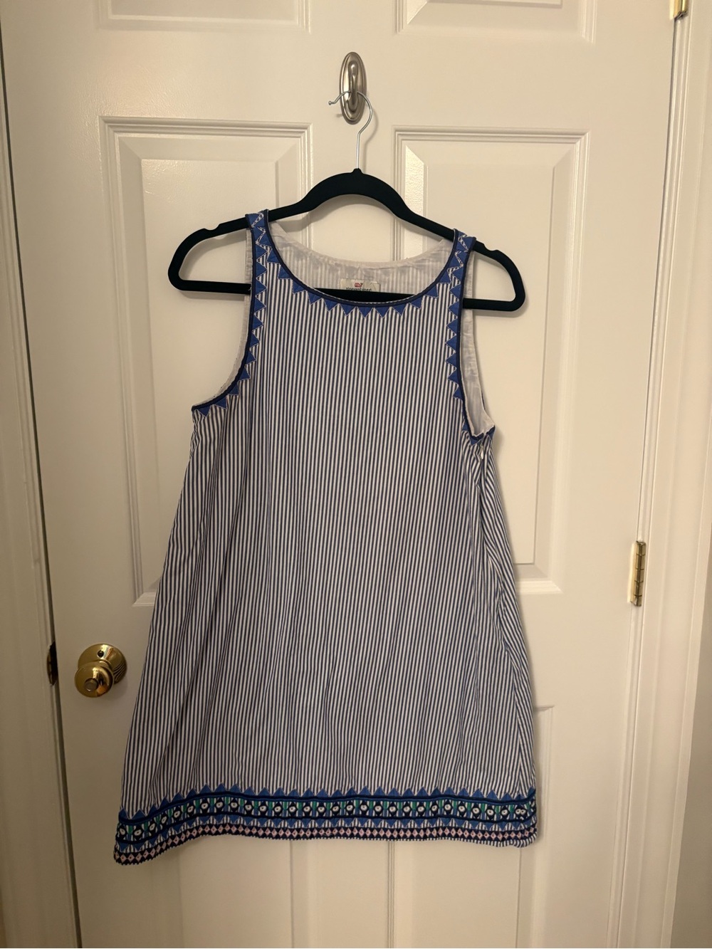 Vineyard Vines Blue and White Striped Sleeveless Dress with Embroidered Trim